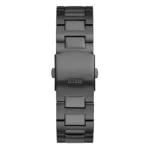 Close-up of a stylish black metal Guess watch band, featuring a sleek design and polished finish with the brand name engraved.