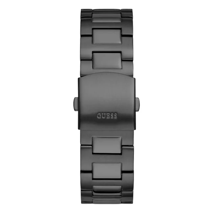 Close-up of a stylish black metal Guess watch band, featuring a sleek design and polished finish with the brand name engraved.