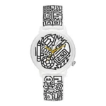 Colorful Guess watch with a white strap featuring fun doodles; black and white face with gold hands and vibrant, playful designs.