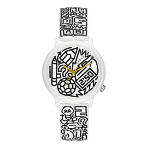 Colorful Guess watch with a white strap featuring fun doodles; black and white face with gold hands and vibrant, playful designs.