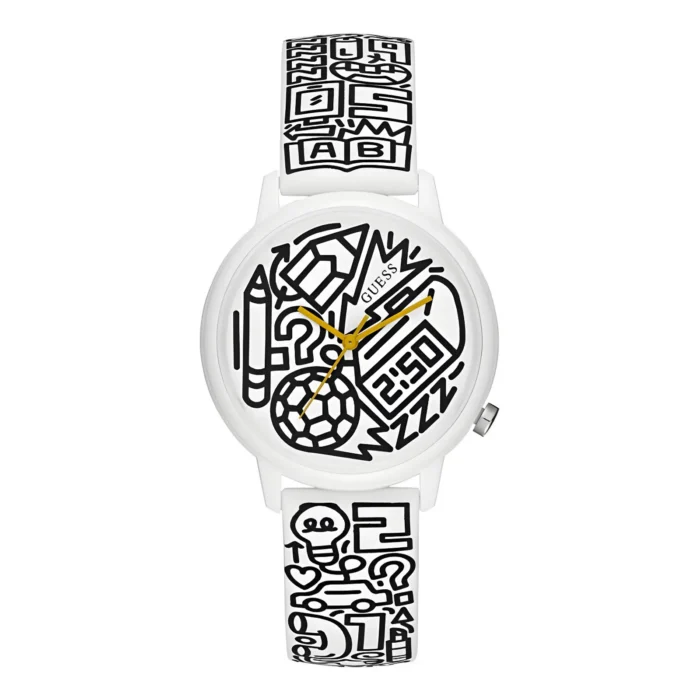 Colorful Guess watch with a white strap featuring fun doodles; black and white face with gold hands and vibrant, playful designs.