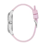 A stylish pink silicone watch strap attached to a sleek silver watch case, showcasing a modern and elegant design.