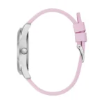 A stylish pink silicone watch strap attached to a sleek silver watch case, showcasing a modern and elegant design.