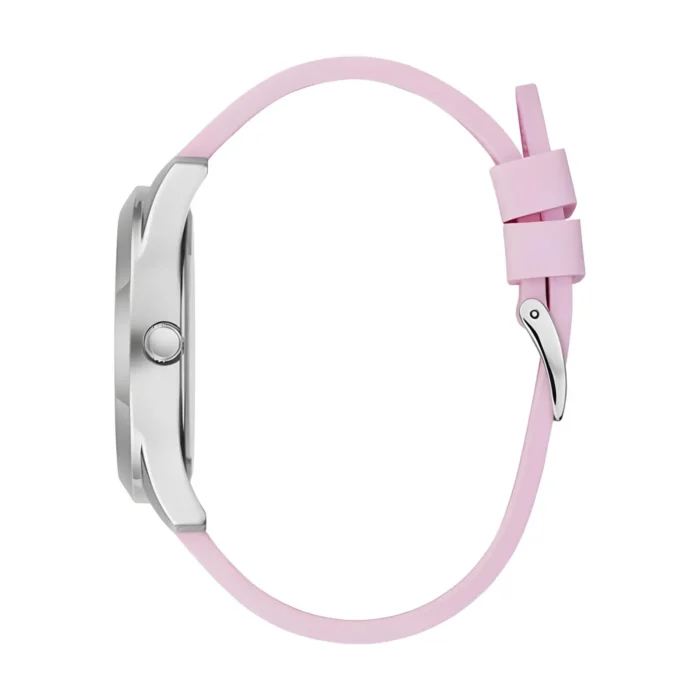 A stylish pink silicone watch strap attached to a sleek silver watch case, showcasing a modern and elegant design.