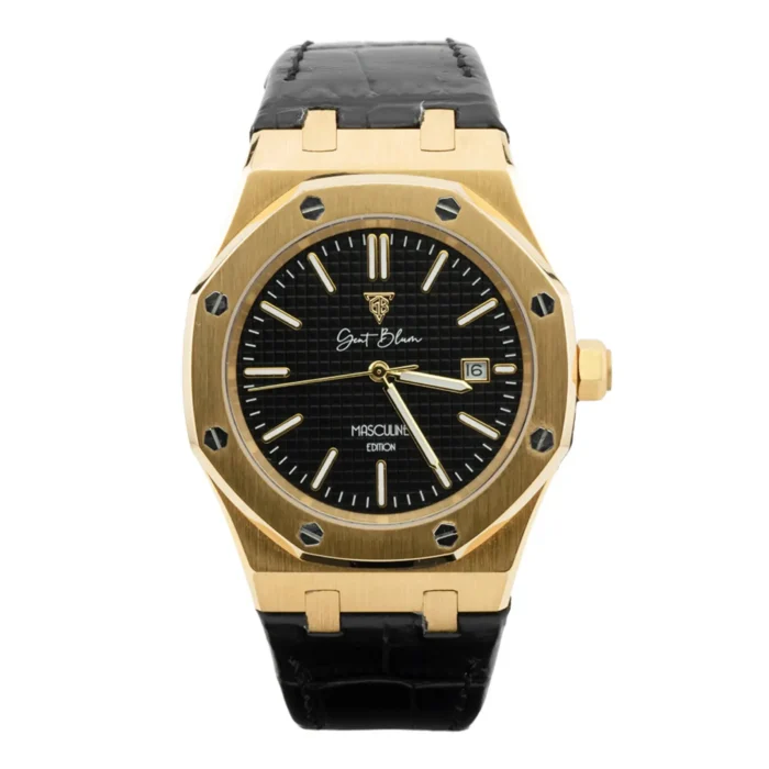 Gold-toned luxury watch with a black textured dial, date feature, and black leather strap, showcasing elegance and sophistication.