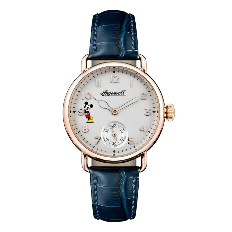 A stylish Ingersoll watch featuring a white dial, Mickey Mouse graphic, and a blue leather strap with a classic gold-tone case.