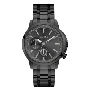 Black Guess watch featuring a sleek design with multiple dials, silver accents, and a polished metal bracelet.
