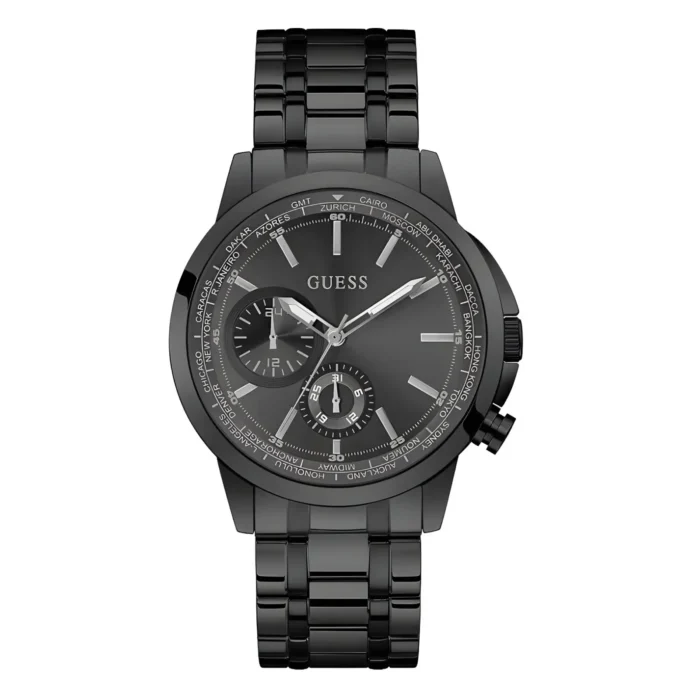 Black Guess watch featuring a sleek design with multiple dials, silver accents, and a polished metal bracelet.