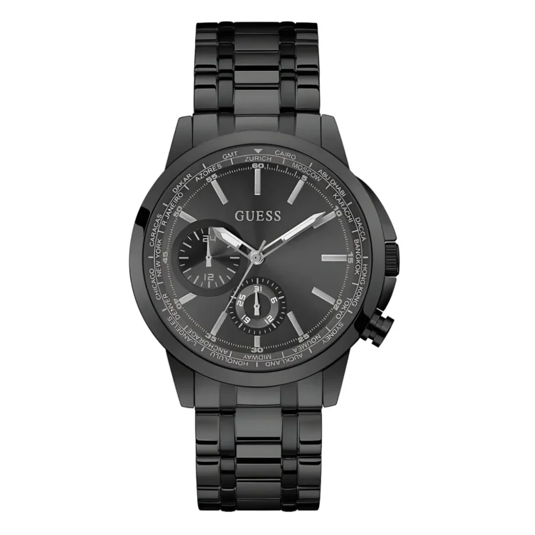 Black Guess watch featuring a sleek design with multiple dials, silver accents, and a polished metal bracelet.
