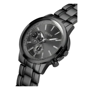 A sleek, black Guess watch featuring a glossy dial, chronograph functionality, and a stylish metallic bracelet. Stylish timepiece detail.