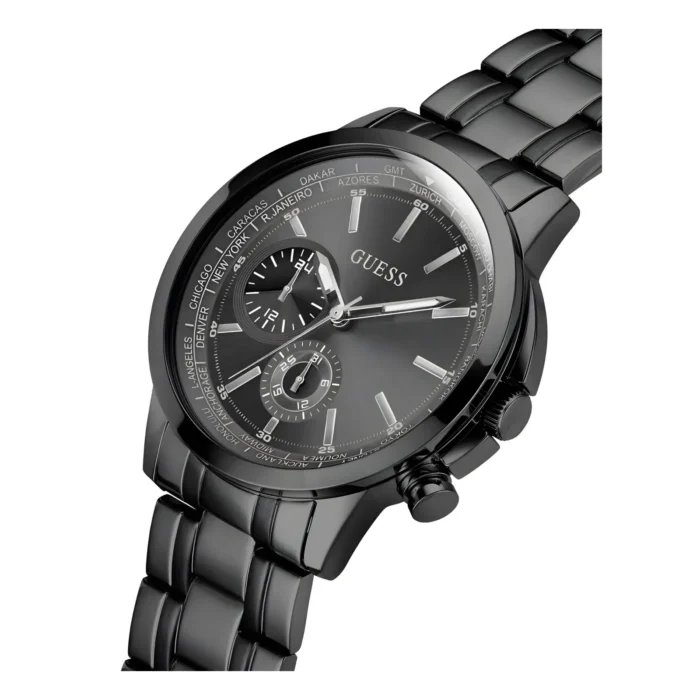A sleek, black Guess watch featuring a glossy dial, chronograph functionality, and a stylish metallic bracelet. Stylish timepiece detail.