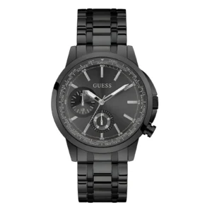Black Guess watch featuring a sleek design with multiple dials, silver accents, and a polished metal bracelet.