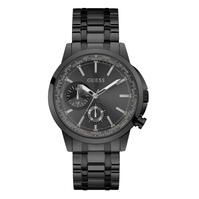 Black Guess watch featuring a sleek design with multiple dials, silver accents, and a polished metal bracelet.