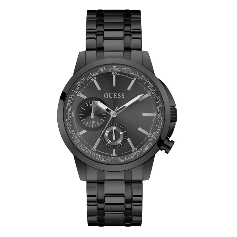 Black Guess watch featuring a sleek design with multiple dials, silver accents, and a polished metal bracelet.