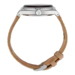Side view of a stylish watch featuring a polished silver case, dark dial, and a light brown leather strap with a silver buckle.