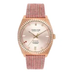 Elegant rose gold watch by Jason Hyde, featuring a pink textured strap and a minimalist dial with diamond-like accents.