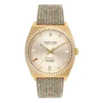 Gold-tone Jason Hyde watch with a textured woven strap, featuring a metallic dial and diamond markers, labeled "Seventies."