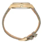 Close-up of a gold-tone watch with a woven strap featuring pink, green, and cream colors, showcasing intricate details and a clasp.
