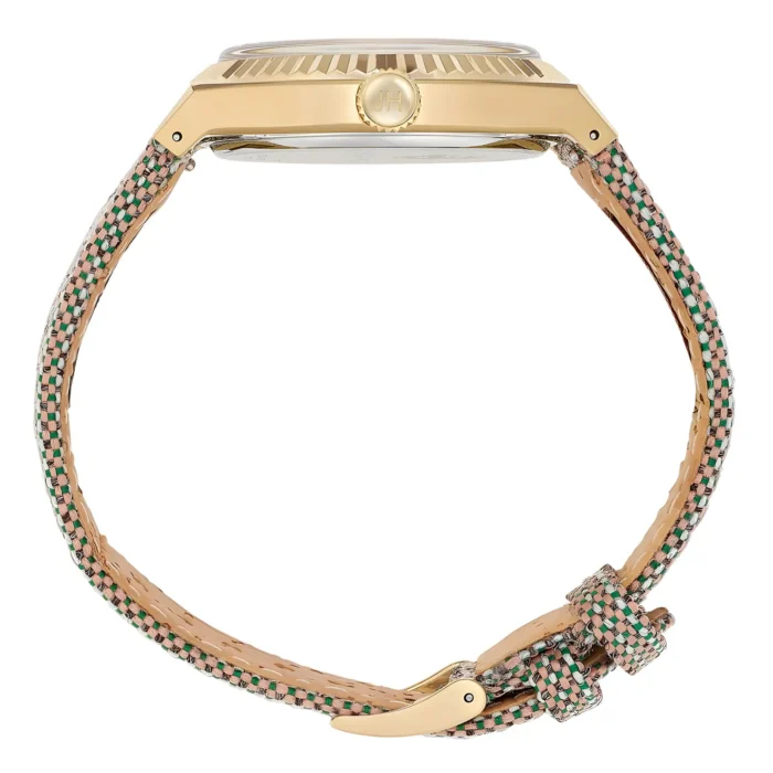 Close-up of a gold-tone watch with a woven strap featuring pink, green, and cream colors, showcasing intricate details and a clasp.
