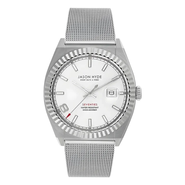 Silver watch by Jason Hyde with a white dial, ribbed bezel, mesh strap, and red accents, featuring water resistance and date display.