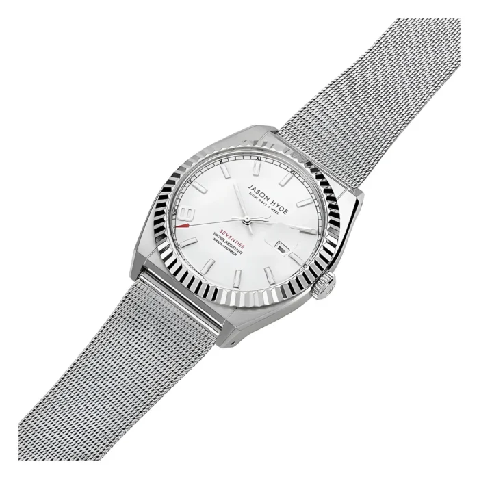 Silver mesh strap watch by Jason Hyde, featuring a sleek white dial, bold hour markers, and a striking fluted bezel. Stylish and modern design.