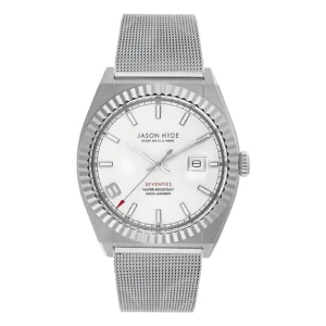 Silver watch by Jason Hyde with a white dial, ribbed bezel, mesh strap, and red accents, featuring water resistance and date display.