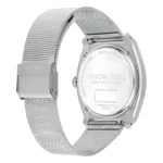 Silver mesh strap watch with a sleek stainless steel case, featuring "Jason Hyde Eight Days a Week" engraved on the back.