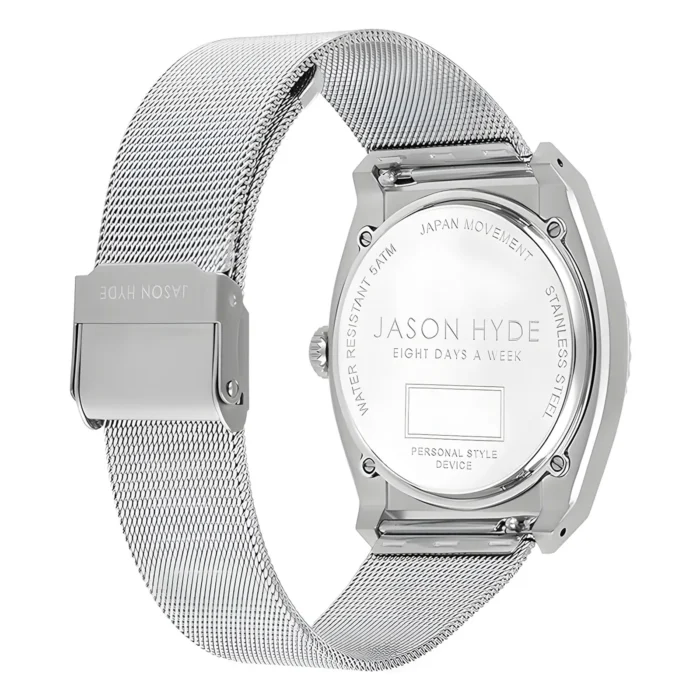 Silver mesh strap watch with a sleek stainless steel case, featuring "Jason Hyde Eight Days a Week" engraved on the back.