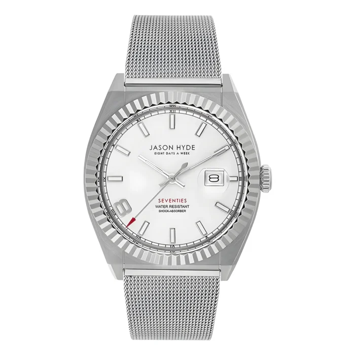 Silver watch by Jason Hyde with a white dial, ribbed bezel, mesh strap, and red accents, featuring water resistance and date display.