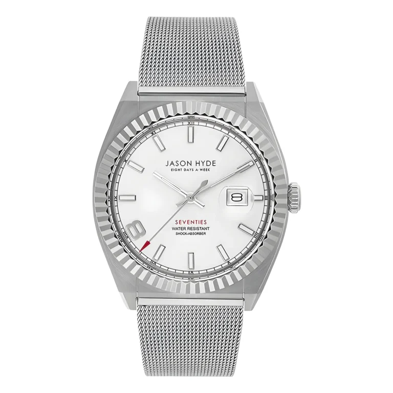 Silver watch by Jason Hyde with a white dial, ribbed bezel, mesh strap, and red accents, featuring water resistance and date display.