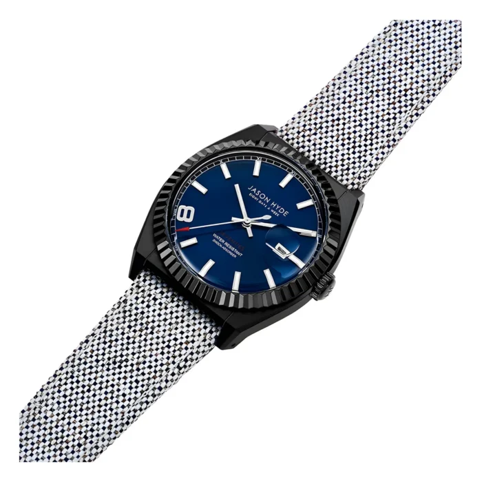 A stylish Jason Hyde watch with a deep blue dial, date display, and a textured black and white fabric strap.