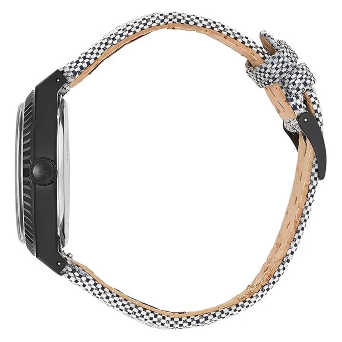 Side view of a stylish watch featuring a black bezel and a woven black-and-white strap, with a natural leather underside.