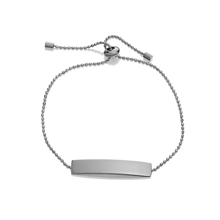 A sleek, silver bar bracelet with a bead chain, featuring an adjustable clasp for a customized fit.
