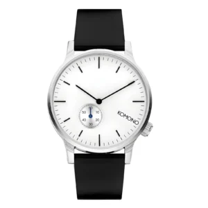 Часы Komono с серебристым циферблатом и черным ремешком, минималистичным дизайном и небольшим дополнительным циферблатом для секунд.