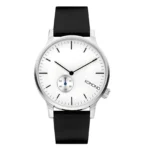 Silver-faced Komono watch with black strap, featuring minimalist design and a small sub-dial for seconds.