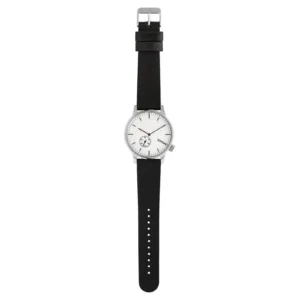 A minimalist watch featuring a white face, silver hour and minute hands, and a sleek black rubber strap.