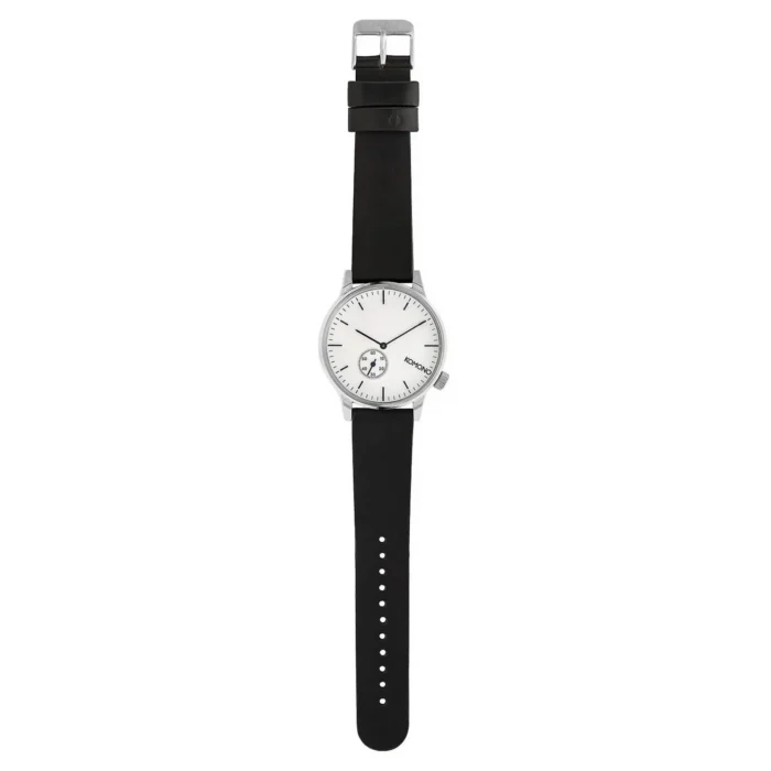 A minimalist watch featuring a white face, silver hour and minute hands, and a sleek black rubber strap.