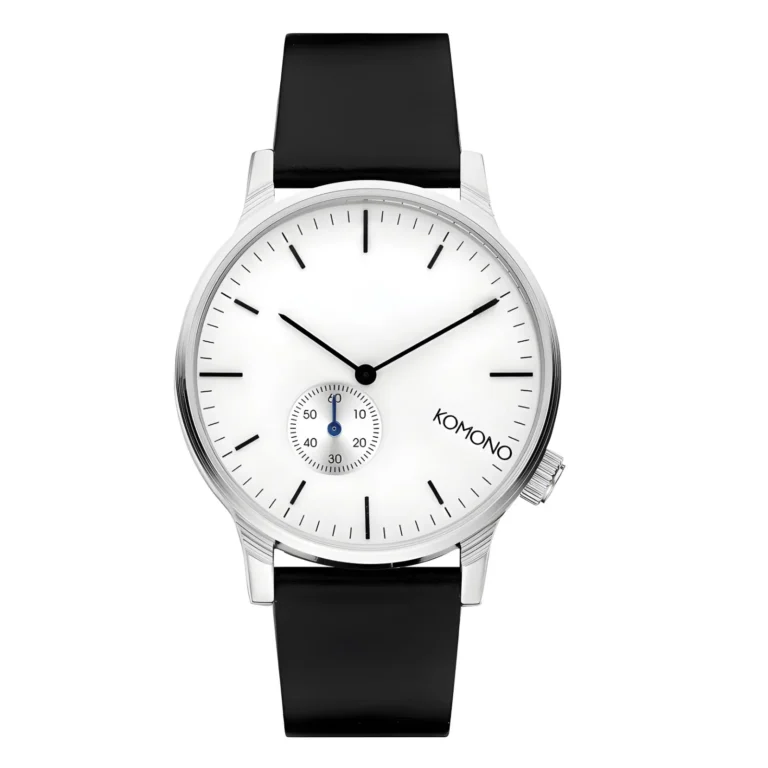 Silver-faced Komono watch with black strap, featuring minimalist design and a small sub-dial for seconds.
