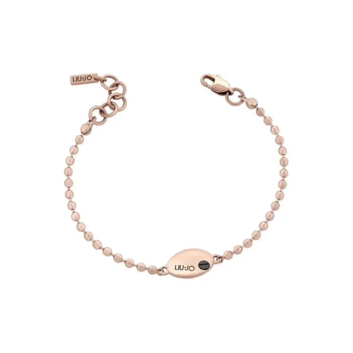 A delicate rose gold bracelet featuring a beaded chain and an oval clasp with the Liu Jo logo, showcasing elegant simplicity.