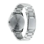 A sleek silver Casio watch showcasing its metallic band and engraved watch back, perfect for stylish everyday wear.