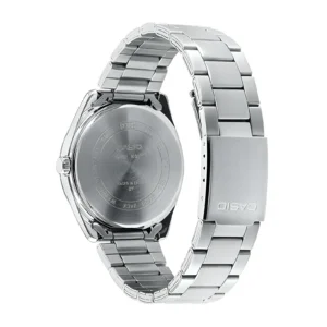A sleek silver Casio watch showcasing its metallic band and engraved watch back, perfect for stylish everyday wear.