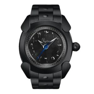 Sleek black Magellan watch featuring an intricate dial with silver and blue accents, showcasing a modern and stylish design