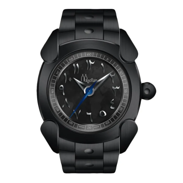 Sleek black Magellan watch featuring an intricate dial with silver and blue accents, showcasing a modern and stylish design