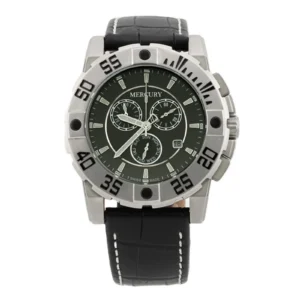 Men's Mercury watch featuring a round silver stainless steel case, green dial, and black leather strap with white stitching.