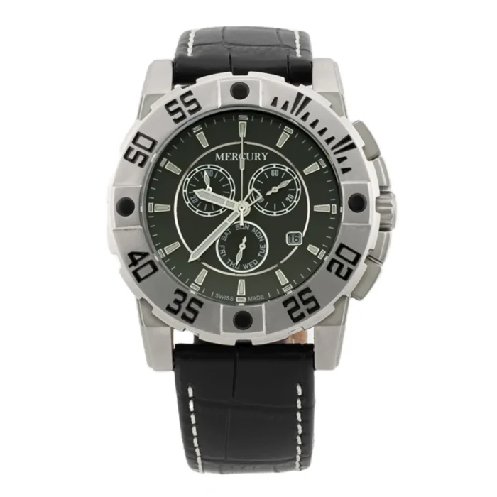 Men's Mercury watch featuring a round silver stainless steel case, green dial, and black leather strap with white stitching.