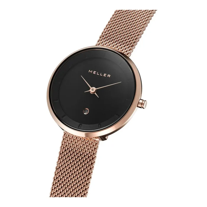 A sleek Meller watch with a black face, rose gold detailing, and a mesh strap, showcasing modern elegance and style.