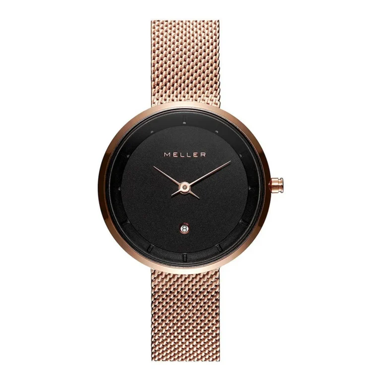 A sleek Meller watch with a black face, rose gold detailing, and a mesh strap, showcasing modern elegance and style.