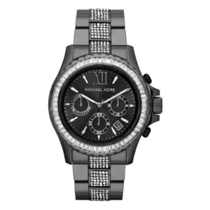 Stylish Michael Kors black watch featuring a sparkling crystal bezel, three sub-dials, and a silver accent bracelet.