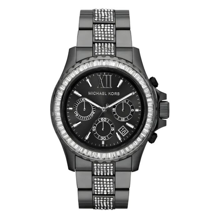 Stylish Michael Kors black watch featuring a sparkling crystal bezel, three sub-dials, and a silver accent bracelet.