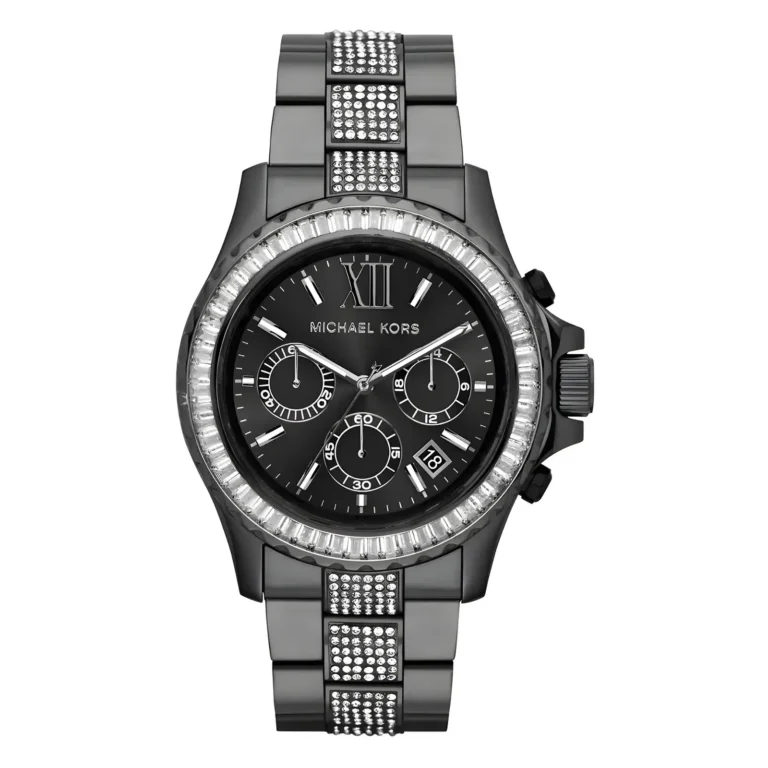 Stylish Michael Kors black watch featuring a sparkling crystal bezel, three sub-dials, and a silver accent bracelet.